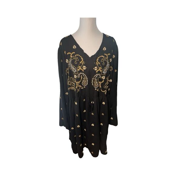 Dex Womans Black Gold Long Sleeve Embroidered Boho Mini Dress Size XL - Picture 1 of 6